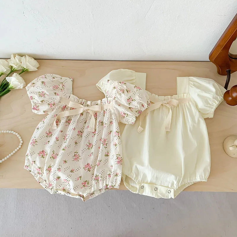 0-2 Years Old Newborn Baby Girl Summer Floral Puff Sleeve Romper with Bow-tie Princess Baby Rompers