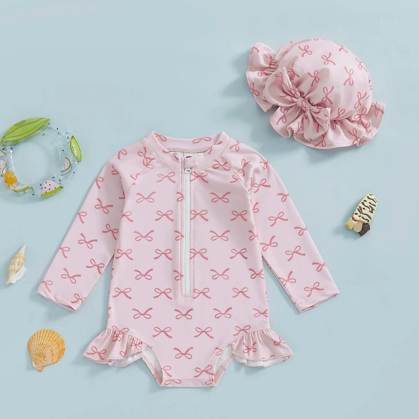 Toddler Baby Girl Rash Guard Swimsuit with Sun Hat 2 Piece Beachwear Children Long Sleeve Bow/Cherry Print Bathing Suit Swimwear
