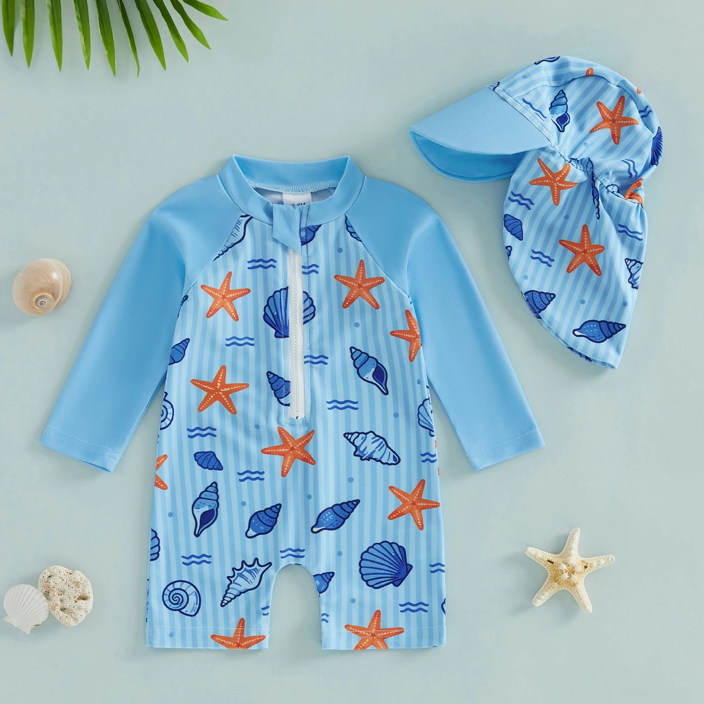 2Pcs Toddler Baby Boys Swimsuit Set Crew Neck Long Sleeve Lobster Print Upper Zipper Rash Guard Swimwear and Sun Hat