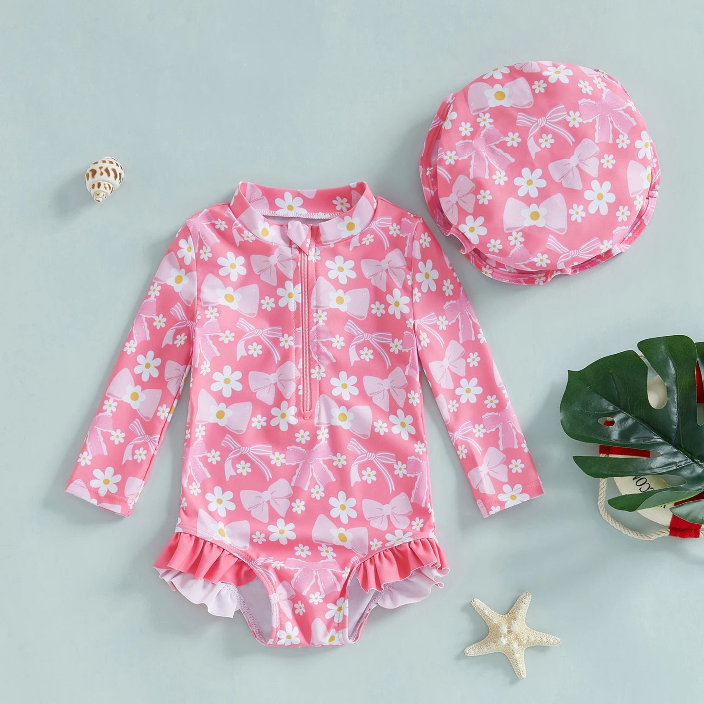 FOCUSNORM 0-3Y Lovely Infant Baby Girls Swimsuit Romper Long Sleeve O Neck Bow Print Bathing Suit Beach Swim Jumpsuits with Hat