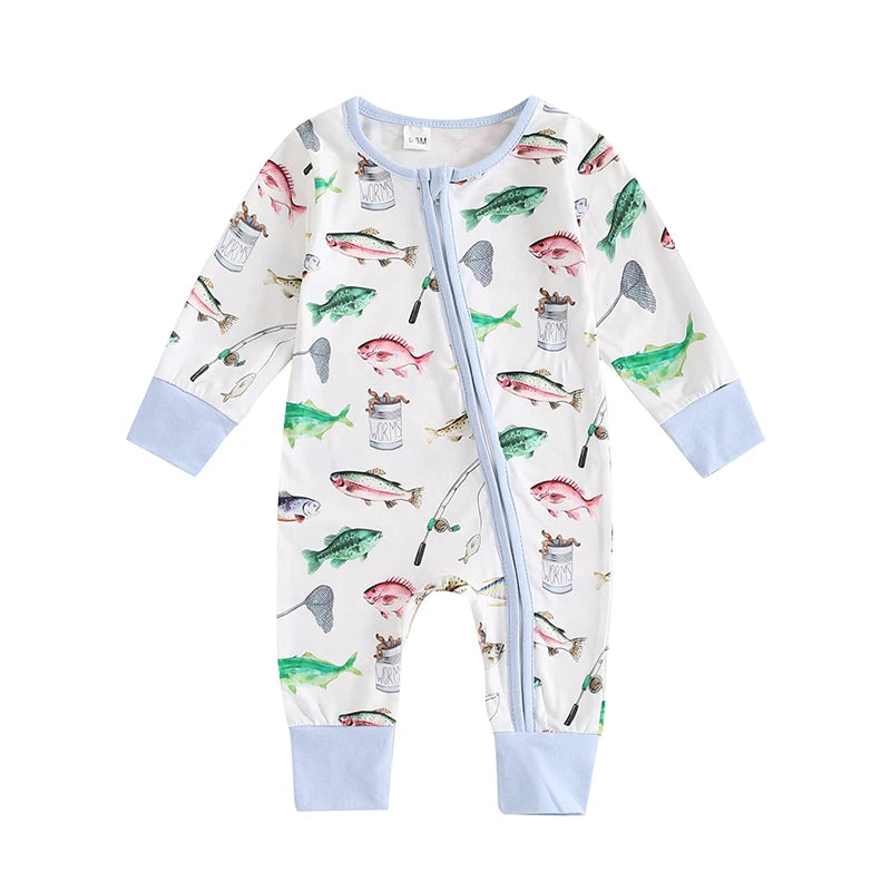 Casual Romper Long Sleeve Crew Neck Fish Print Oblique Zipper Jumpsuit