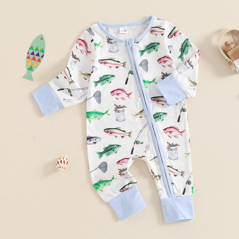 Casual Romper Long Sleeve Crew Neck Fish Print Oblique Zipper Jumpsuit