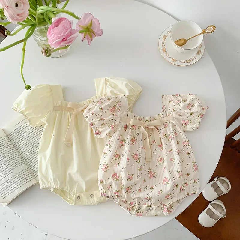 0-2 Years Old Newborn Baby Girl Summer Floral Puff Sleeve Romper with Bow-tie Princess Baby Rompers