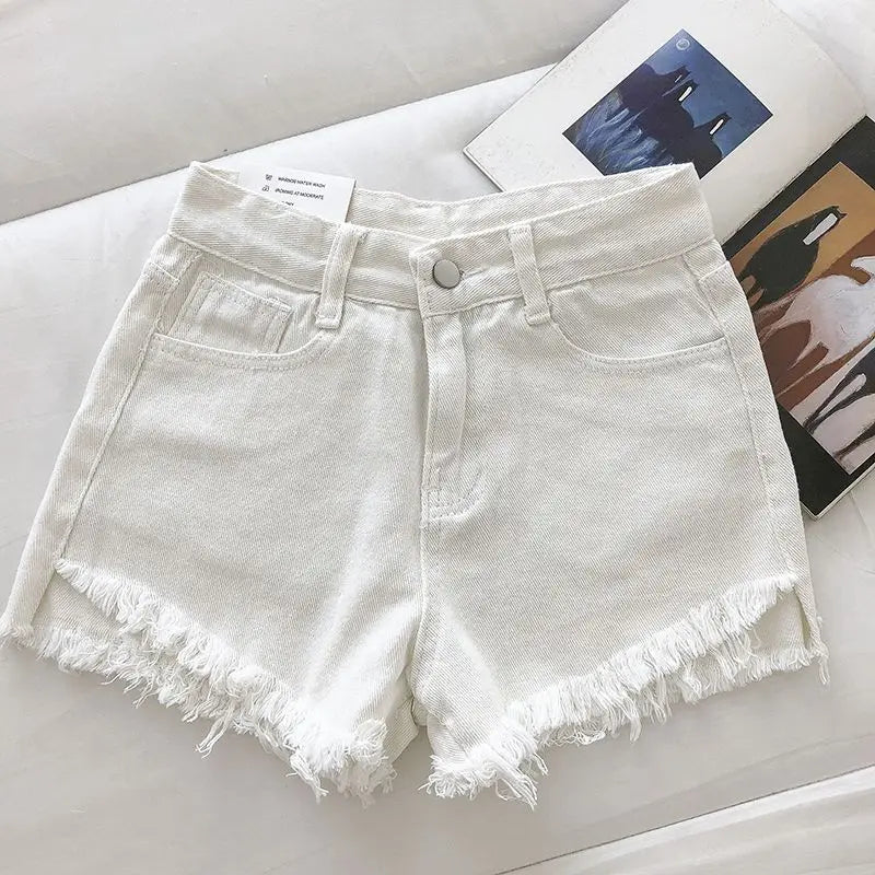 New Summer Women High Waist Raw Hem Denim Shorts