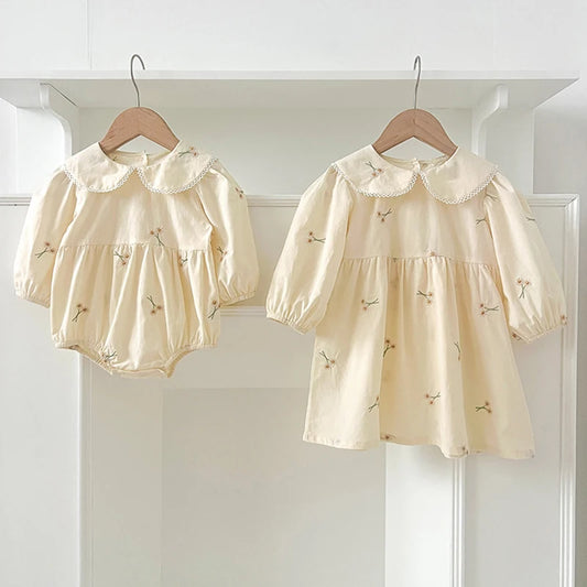 Sisters Clothes Infant Baby Girls Lace Collar Dress Rompers Kids Girls Embroider Flower Princess Dress Family Clothes Rompers