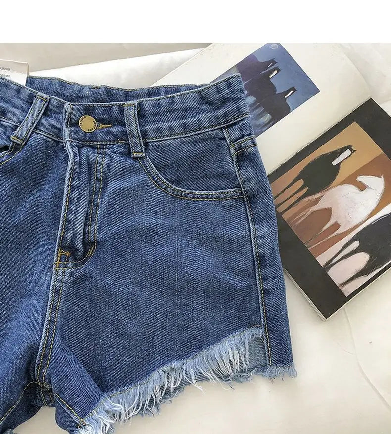 New Summer Women High Waist Raw Hem Denim Shorts