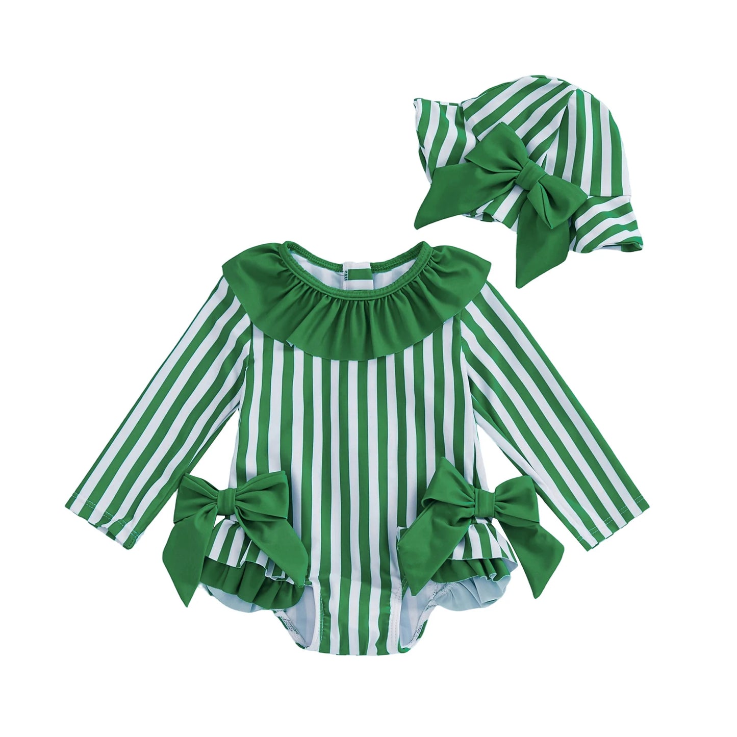 Baby Girls Swimsuit Striped Bow Bikini with Hat Newborn Swimwear for Summer Bathing