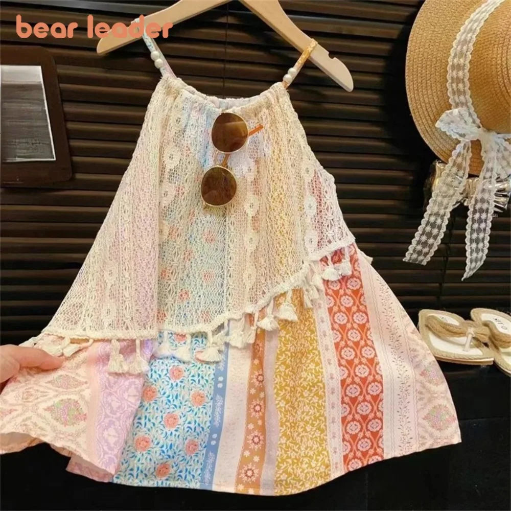 Bear Leader Summer Korean Version Girls Casual Dresses Printed Tassel Suspender Dress Sweet Cute Bohemian Style Kids Clothes