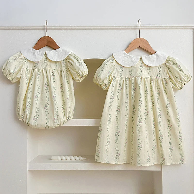 Summer Sister Baby Girls Flower Dresses Sister Matching Outfit Embroidery Collar Girl Baby Romper Princess Dress Toddler Romper