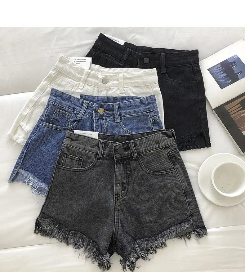 New Summer Women High Waist Raw Hem Denim Shorts