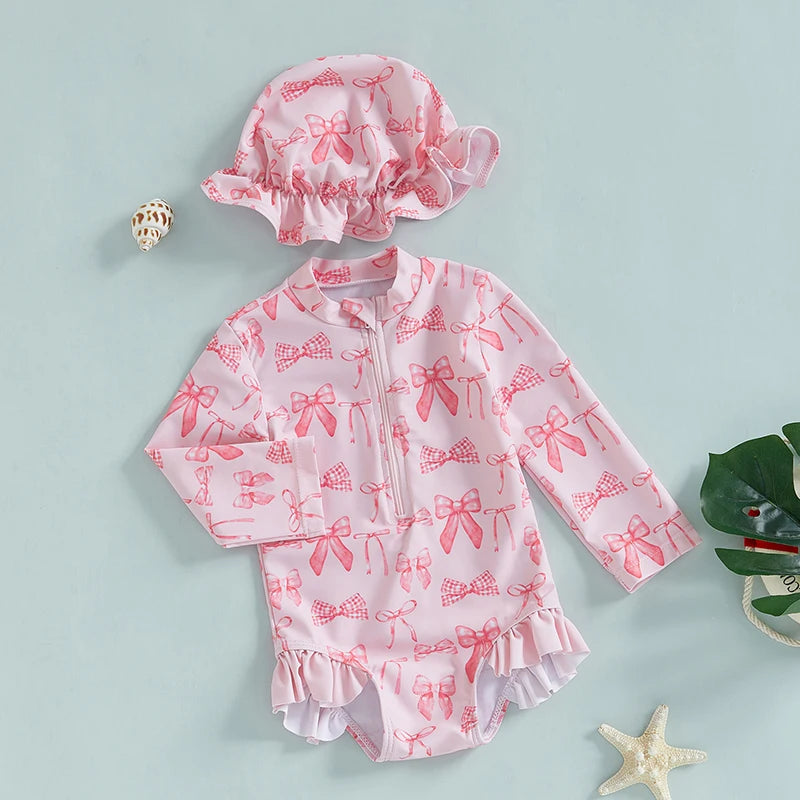 FOCUSNORM 0-3Y Lovely Infant Baby Girls Swimsuit Romper Long Sleeve O Neck Bow Print Bathing Suit Beach Swim Jumpsuits with Hat