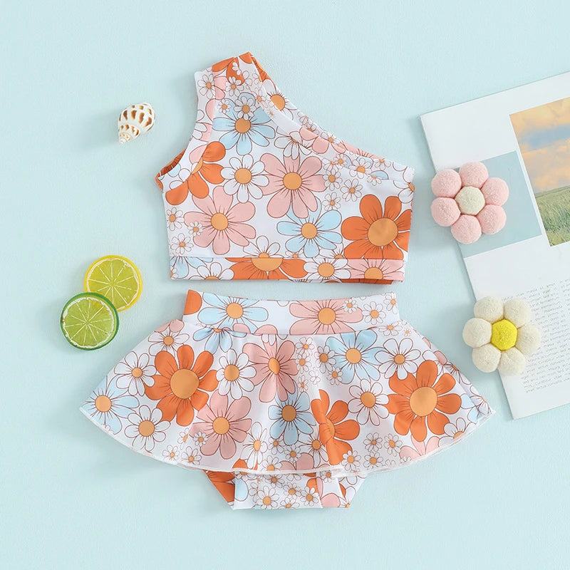 FOCUSNORM 0-4Y Toddler Kids Girls Swimsuit 2pcs Flowers Print One Shoulder Sleeveless Tops + Elastic Waist Swim Shorts