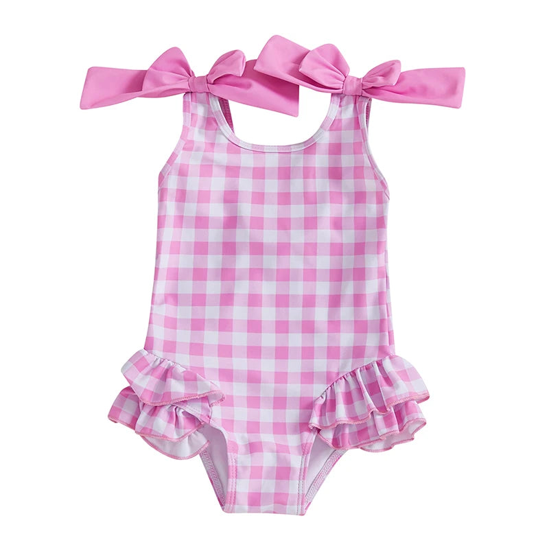 Toddler Baby Girls Swimsuit Romper Plaid Ruffles Two Bowknot Decor Beachwear Sleeveless Summer Beach Bathing Suit