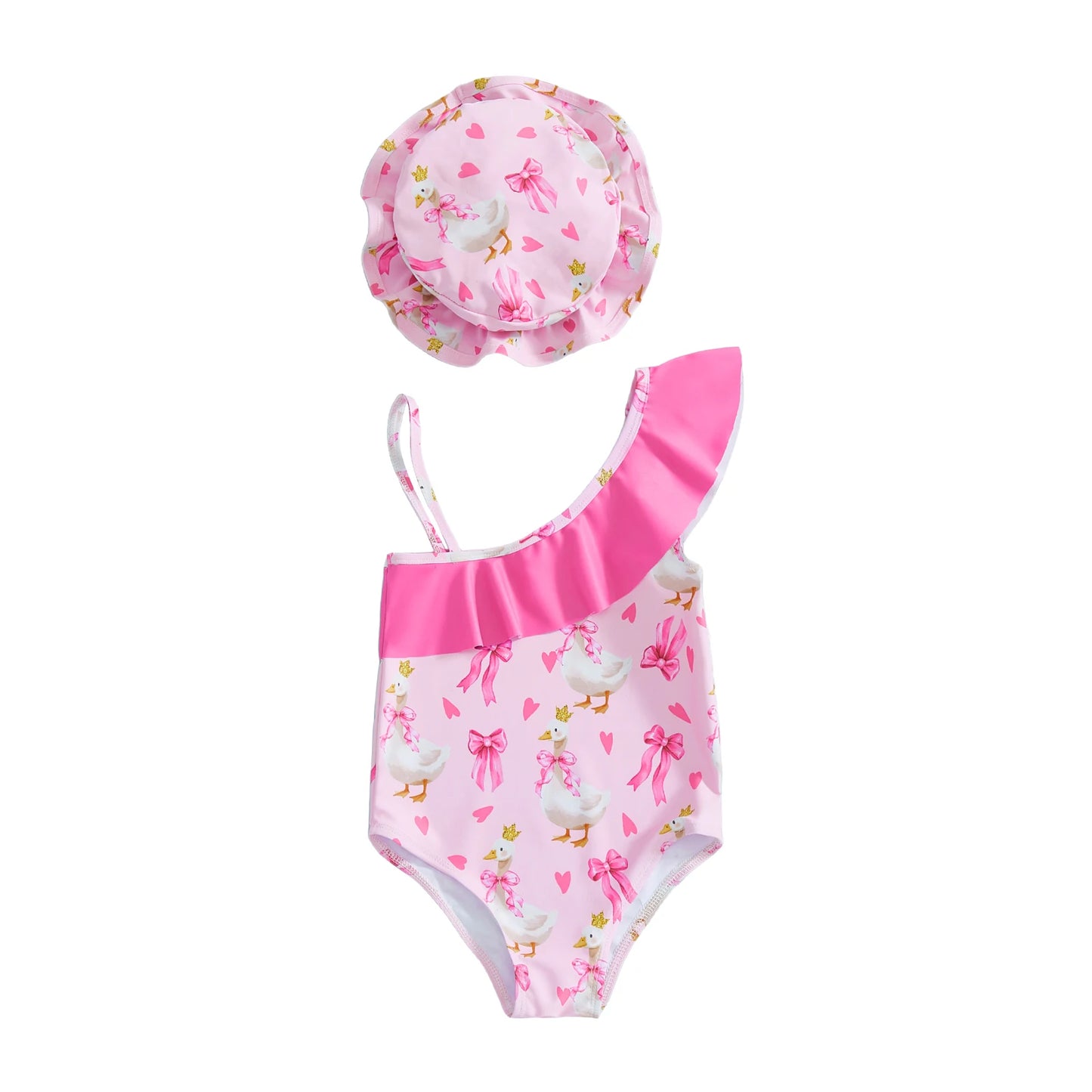 Toddler Baby Girls Swimsuit with Hat 2 Pcs Set Cherry Bow Strawberry Print Ruffled Trim Spaghetti Strap Sleeveless Swimwear