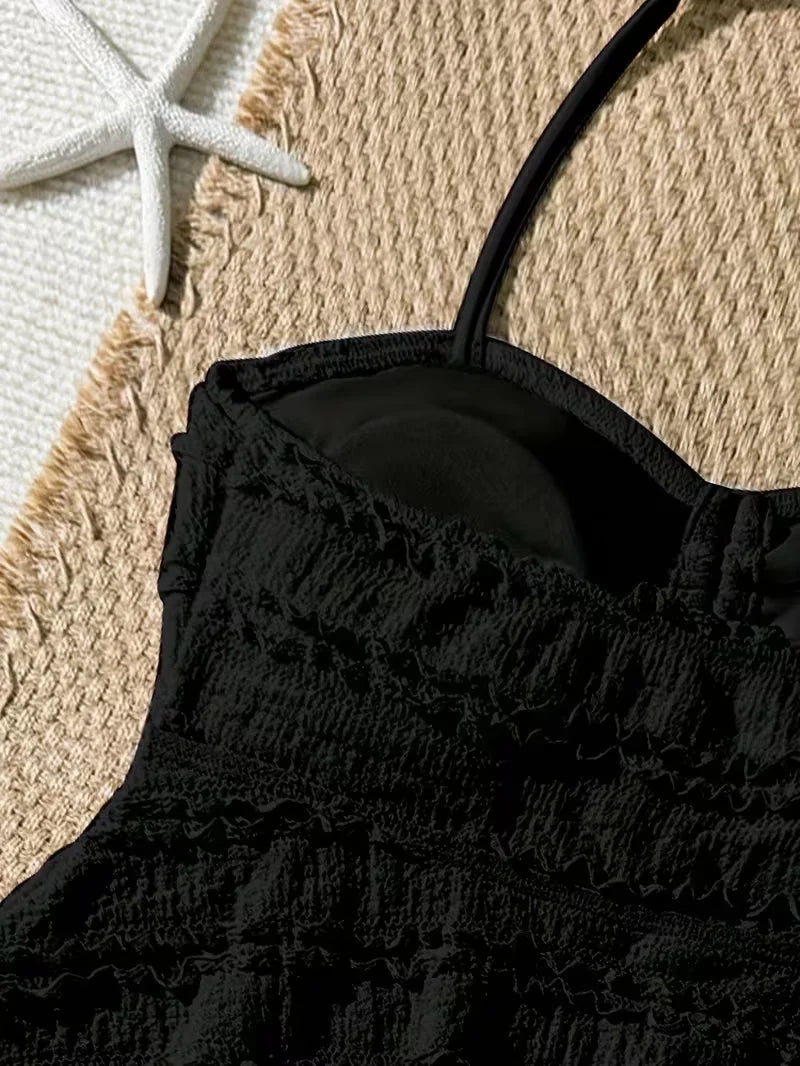 2pcs Tween Girl Black White Color Bikini Swimsuit Set Solid Color Swimwear For Children Girls for Summer Beach Holidays Outfit