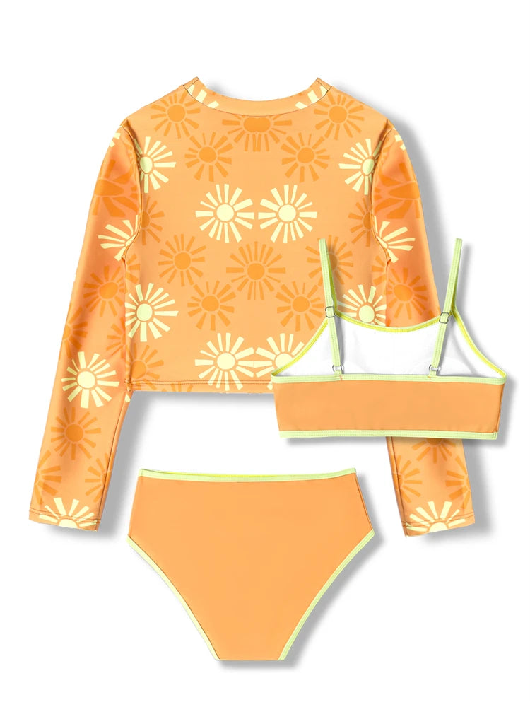 Bikini Kids Girls Swimsuit 2026 New Yellow Print Bikini Set Children Swimsuit Summer Long Sleeves Three Piece Beach Bathing Suit