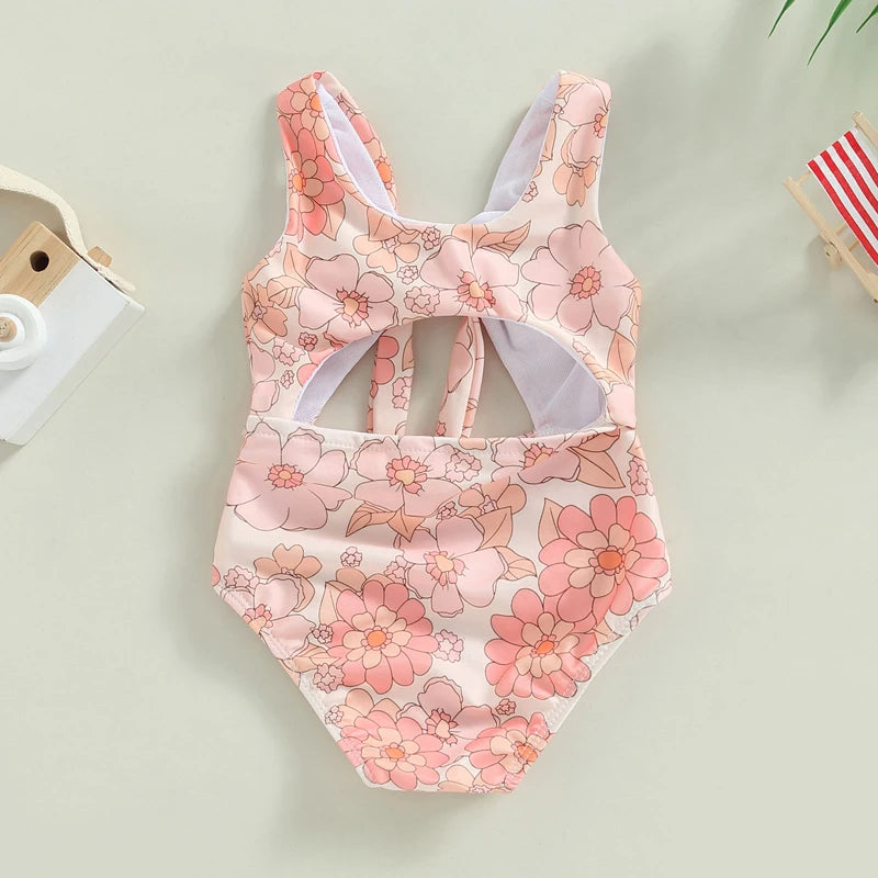 Toddler Baby Girls Swimsuit Summer Sleeveless Cute Floral/Shell Print Cutout Swimwear Swimming Pool Bathing Suit