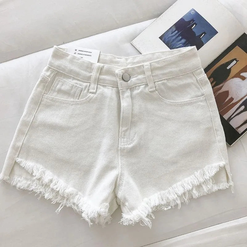 New Summer Women High Waist Raw Hem Denim Shorts