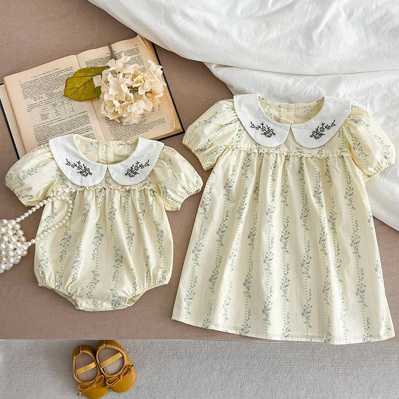 Summer Sister Baby Girls Flower Dresses Sister Matching Outfit Embroidery Collar Girl Baby Romper Princess Dress Toddler Romper