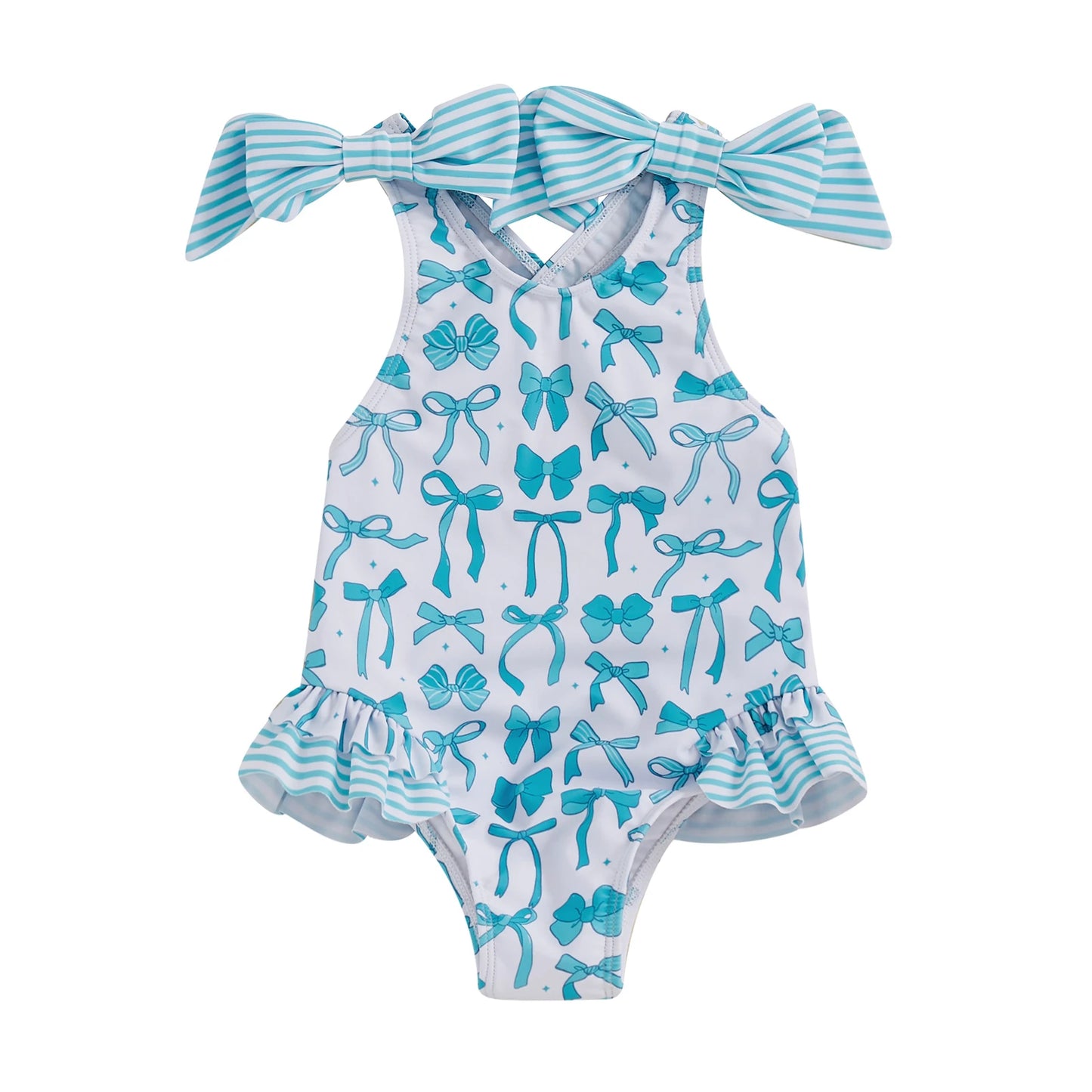 MISOWMNJOY Bows Kids Girls Swimsuit Princess Bowknot Print Ruffles Beachwear Sleeveless Cross Backless Summer Beach Bathing Suit
