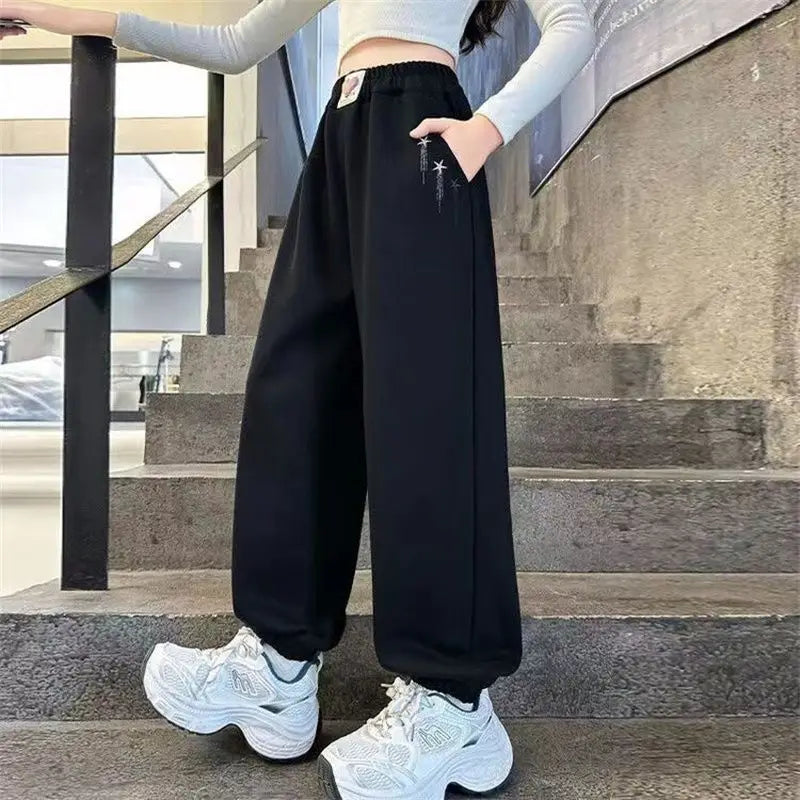 Spring Autumn Tween Girls Casual Sportswear Pants with Elastic Ankles, All-Season Gym Sweatpants for Kids