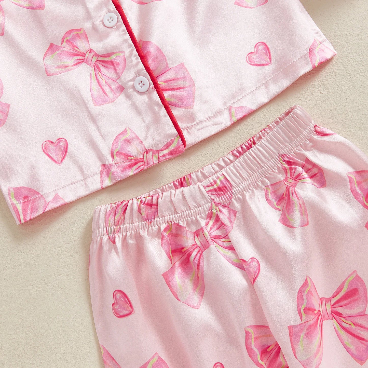 Kid Girl Satin Pajamas Set Bow Print Feather Cuffs Long Sleeve Lapel Button Down Tops with Pants Sleepwear