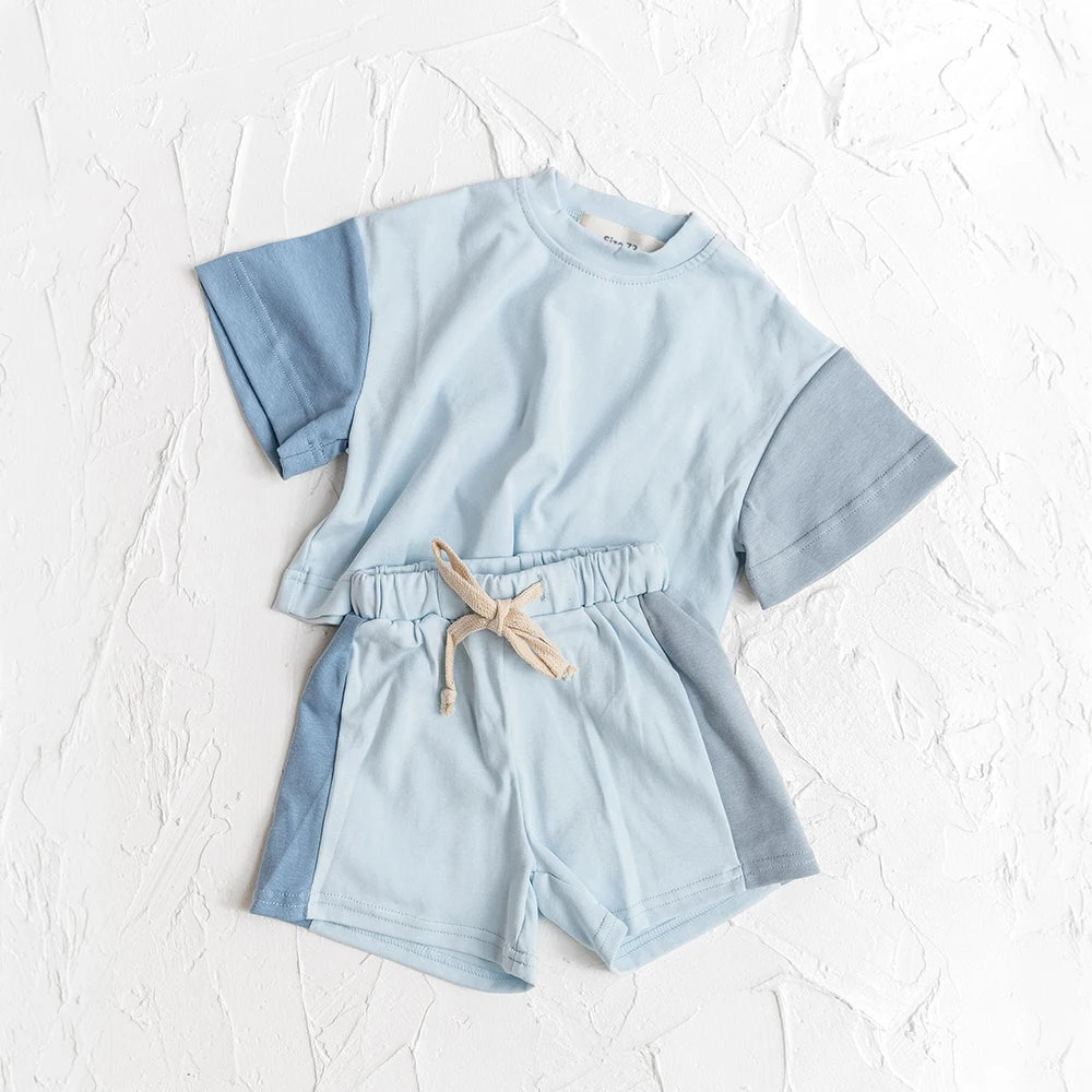 Summer Toddler Cotton Short Sleeve Top+Shorts Set Stitching Color Clothes