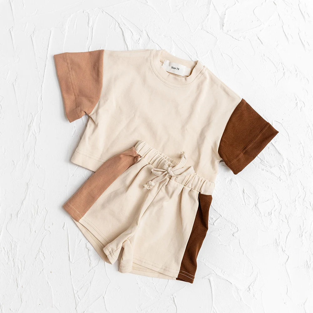Summer Toddler Cotton Short Sleeve Top+Shorts Set Stitching Color Clothes