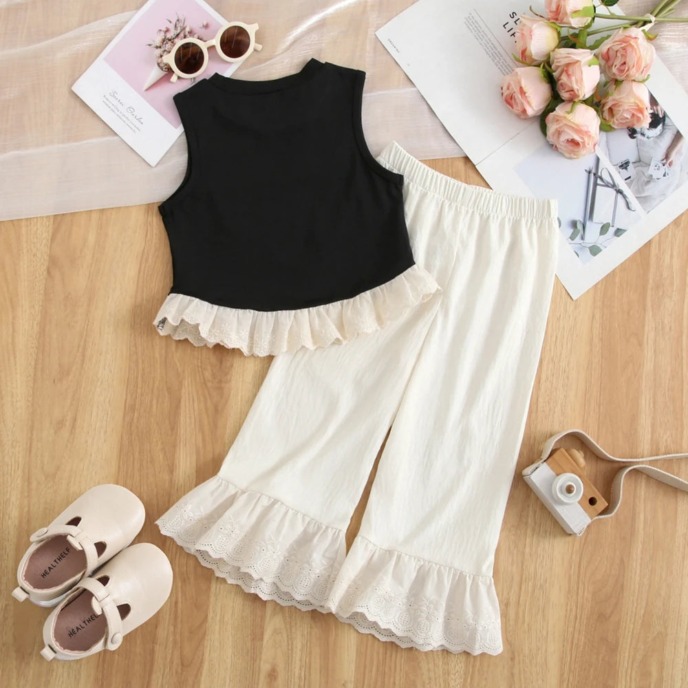 Summer Girls' Suits Cool And Comfortable Lace Hem Tank Bow Trim Top+Pants 2 Piece Set Cute Kids' Clothing Sets