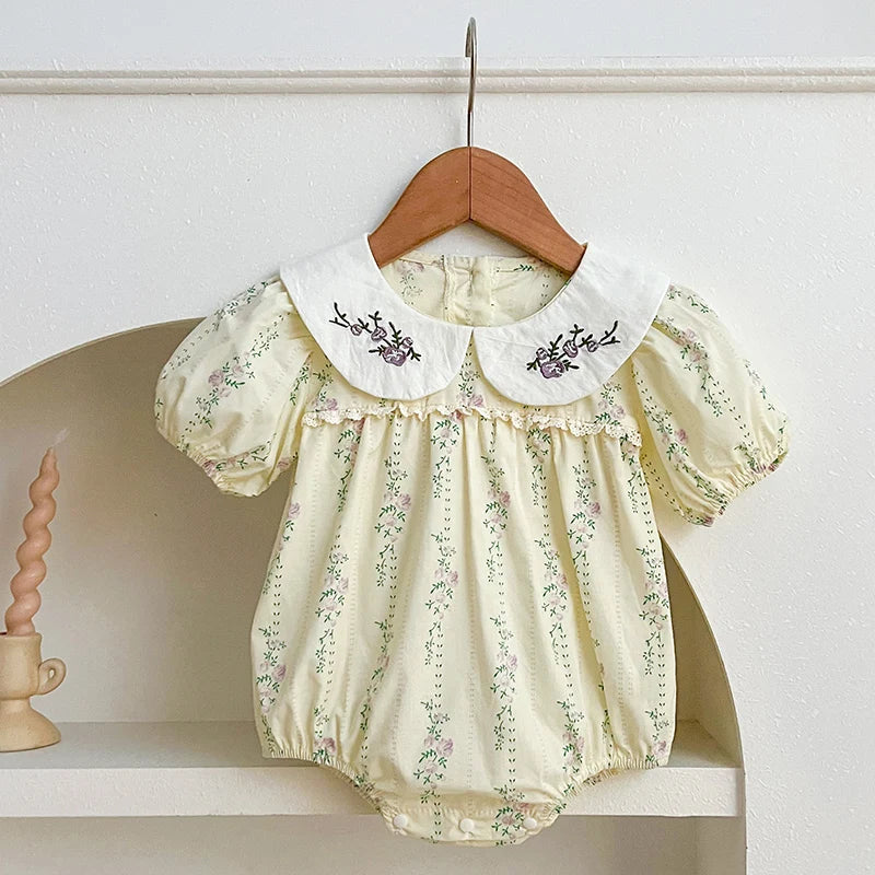Summer Sister Baby Girls Flower Dresses Sister Matching Outfit Embroidery Collar Girl Baby Romper Princess Dress Toddler Romper