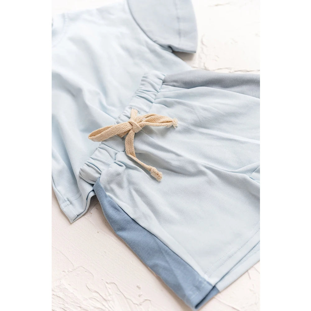 Summer Toddler Cotton Short Sleeve Top+Shorts Set Stitching Color Clothes