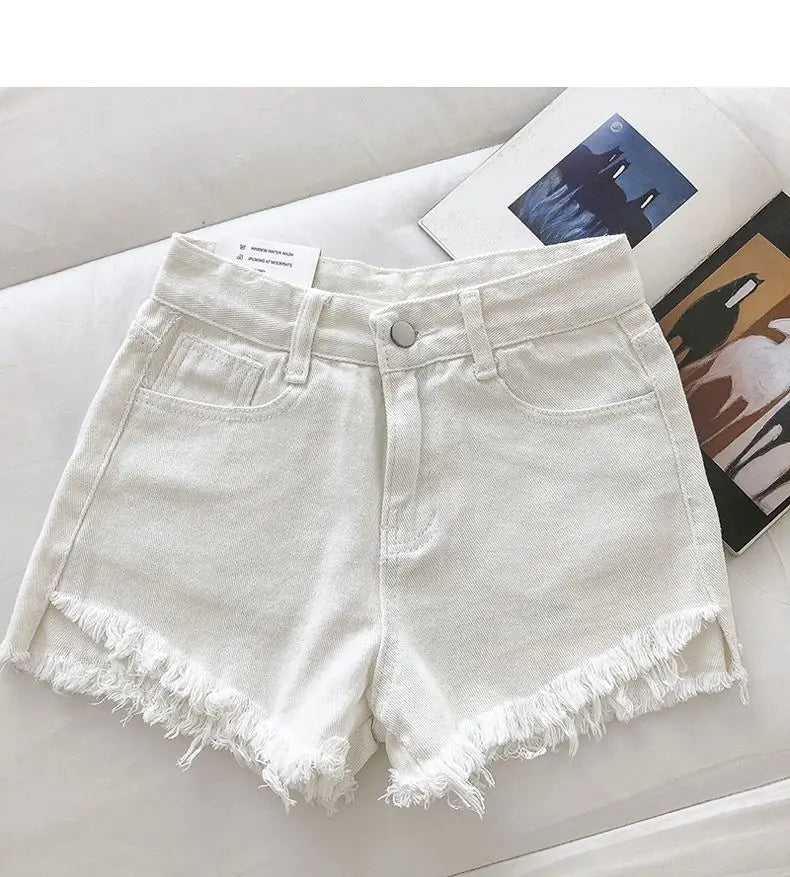 New Summer Women High Waist Raw Hem Denim Shorts