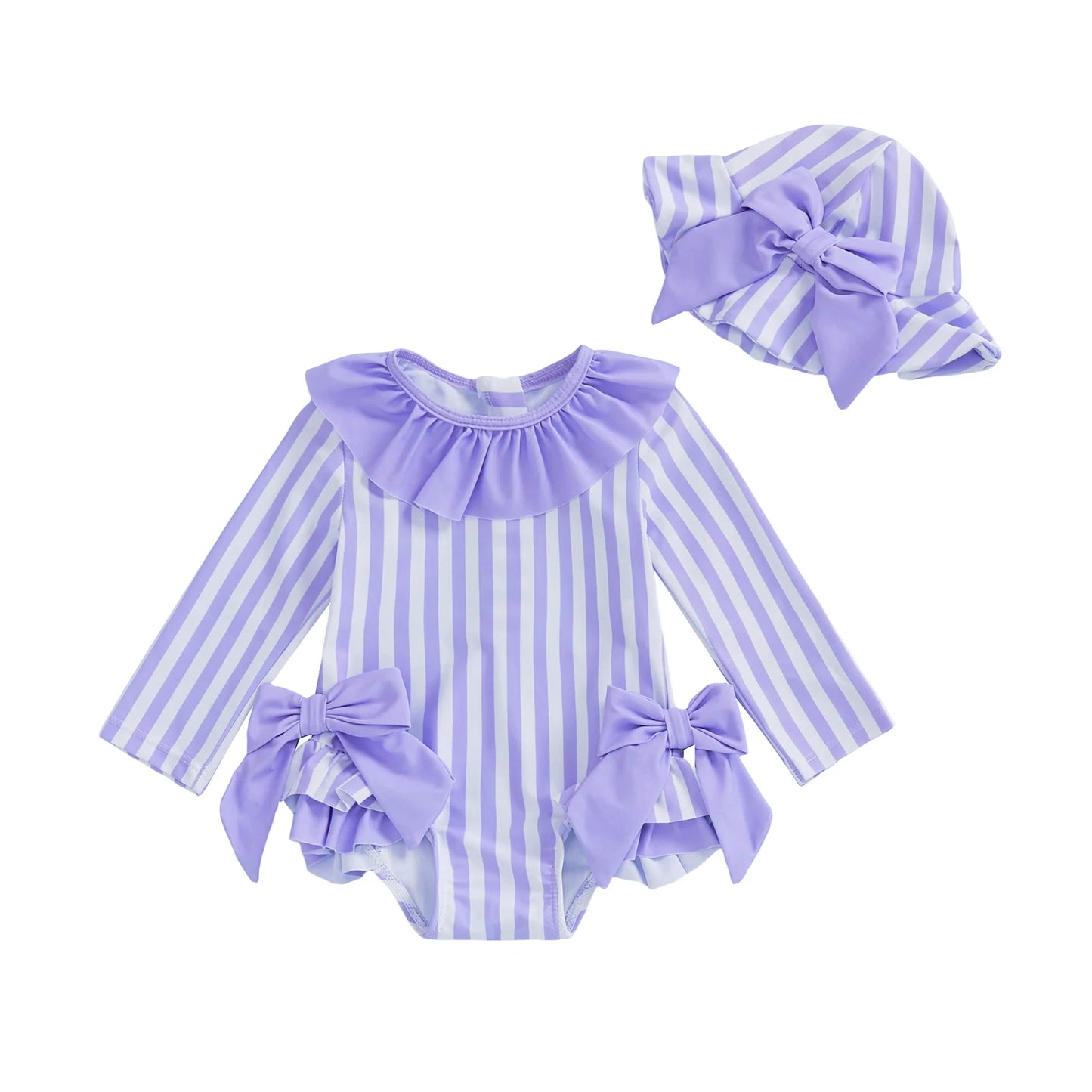 Baby Girls Swimsuit Striped Bow Bikini with Hat Newborn Swimwear for Summer Bathing