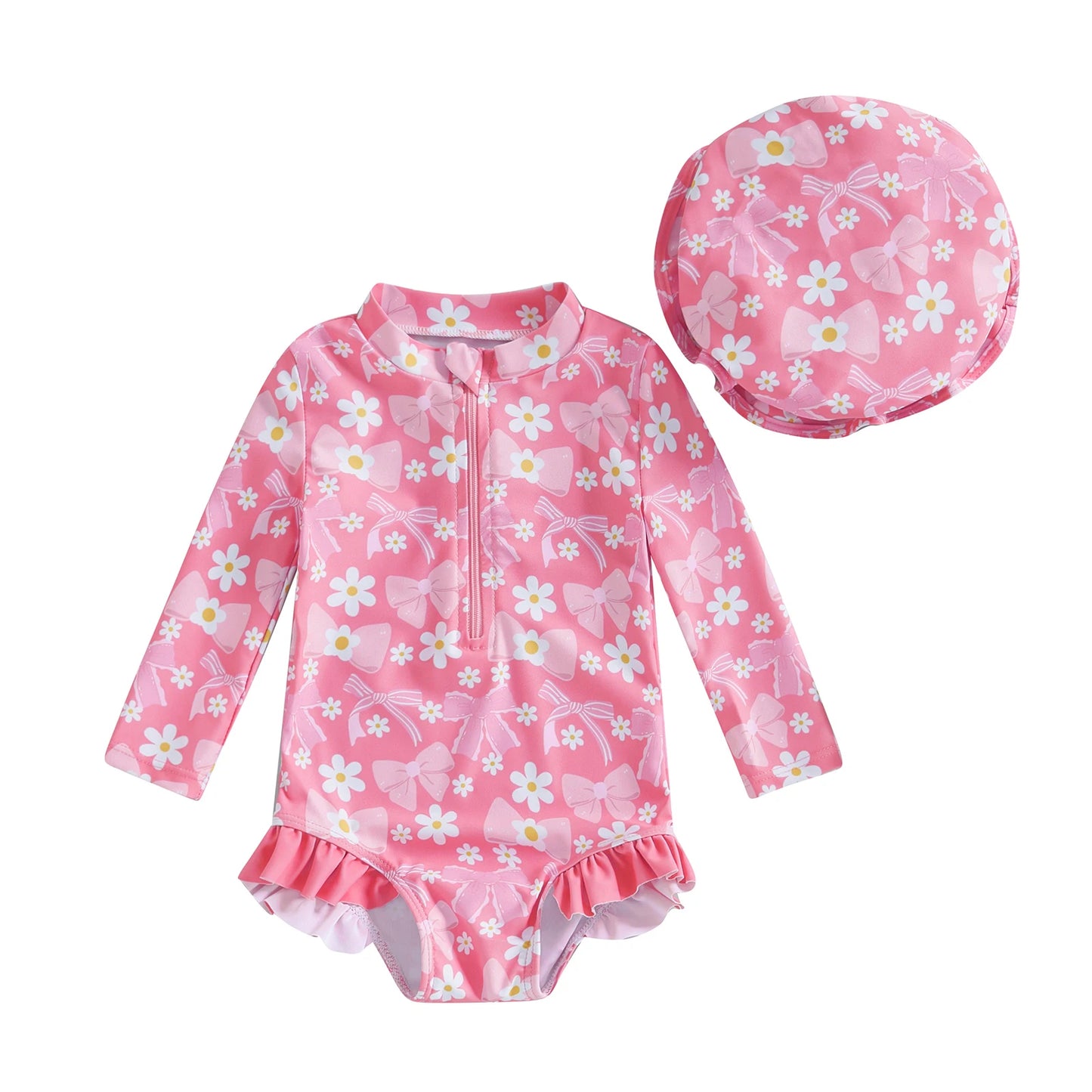 FOCUSNORM 0-3Y Lovely Infant Baby Girls Swimsuit Romper Long Sleeve O Neck Bow Print Bathing Suit Beach Swim Jumpsuits with Hat