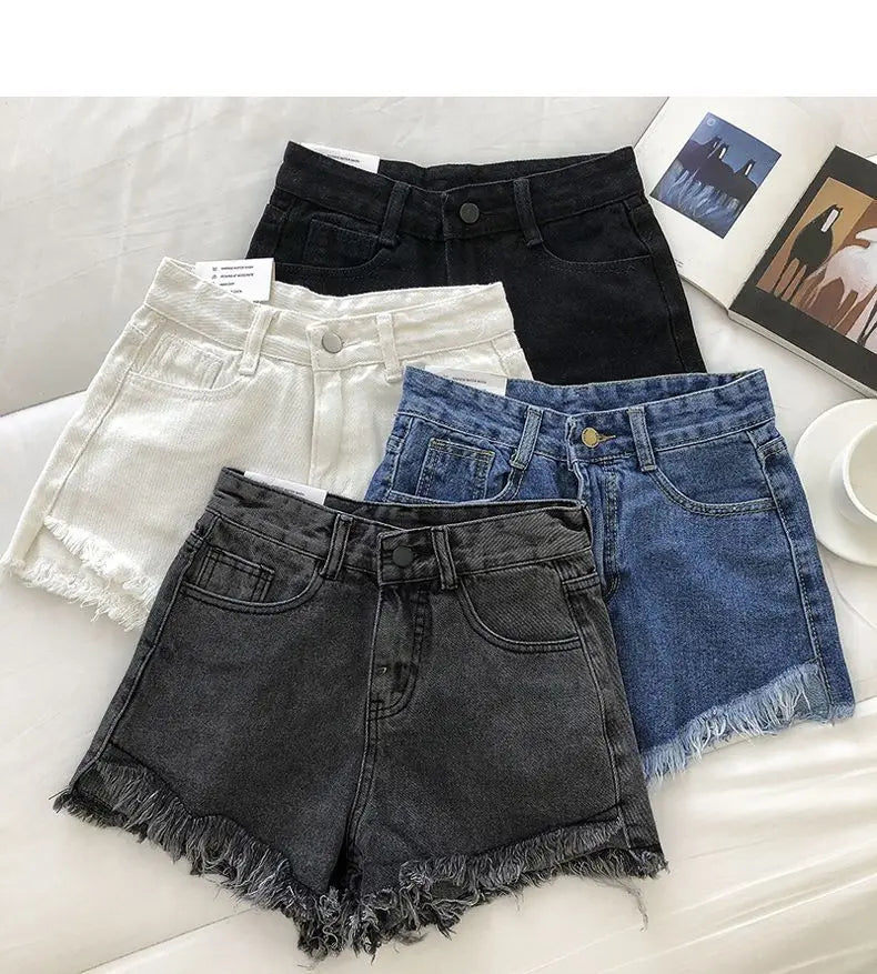 New Summer Women High Waist Raw Hem Denim Shorts