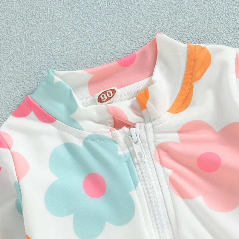 Tregren 1-5Y Toddler Kid Baby Girls Swimsuit Children Floral Print Zipper Swimwear Long Sleeve Beachwear Summer Bathing Suit