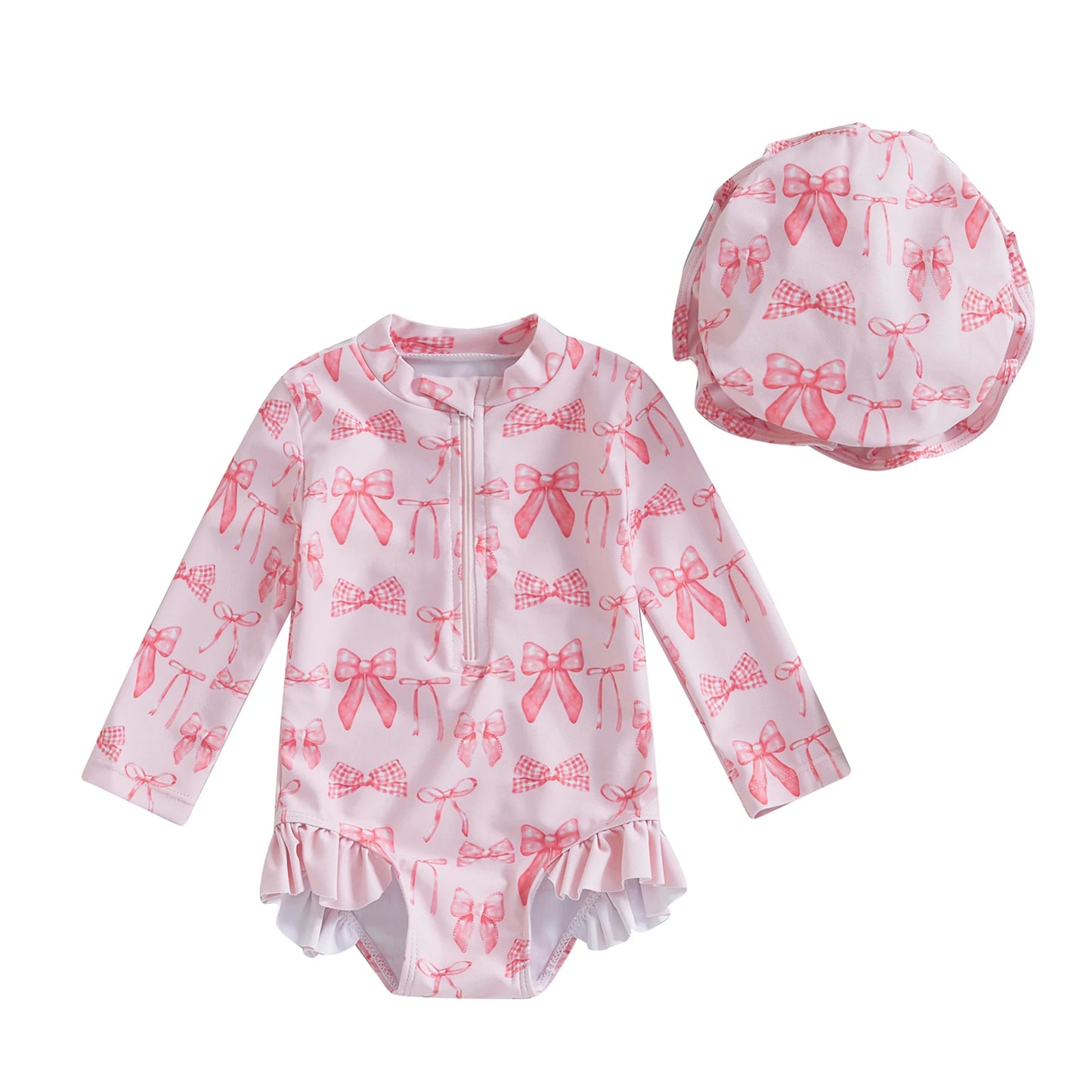 FOCUSNORM 0-3Y Lovely Infant Baby Girls Swimsuit Romper Long Sleeve O Neck Bow Print Bathing Suit Beach Swim Jumpsuits with Hat
