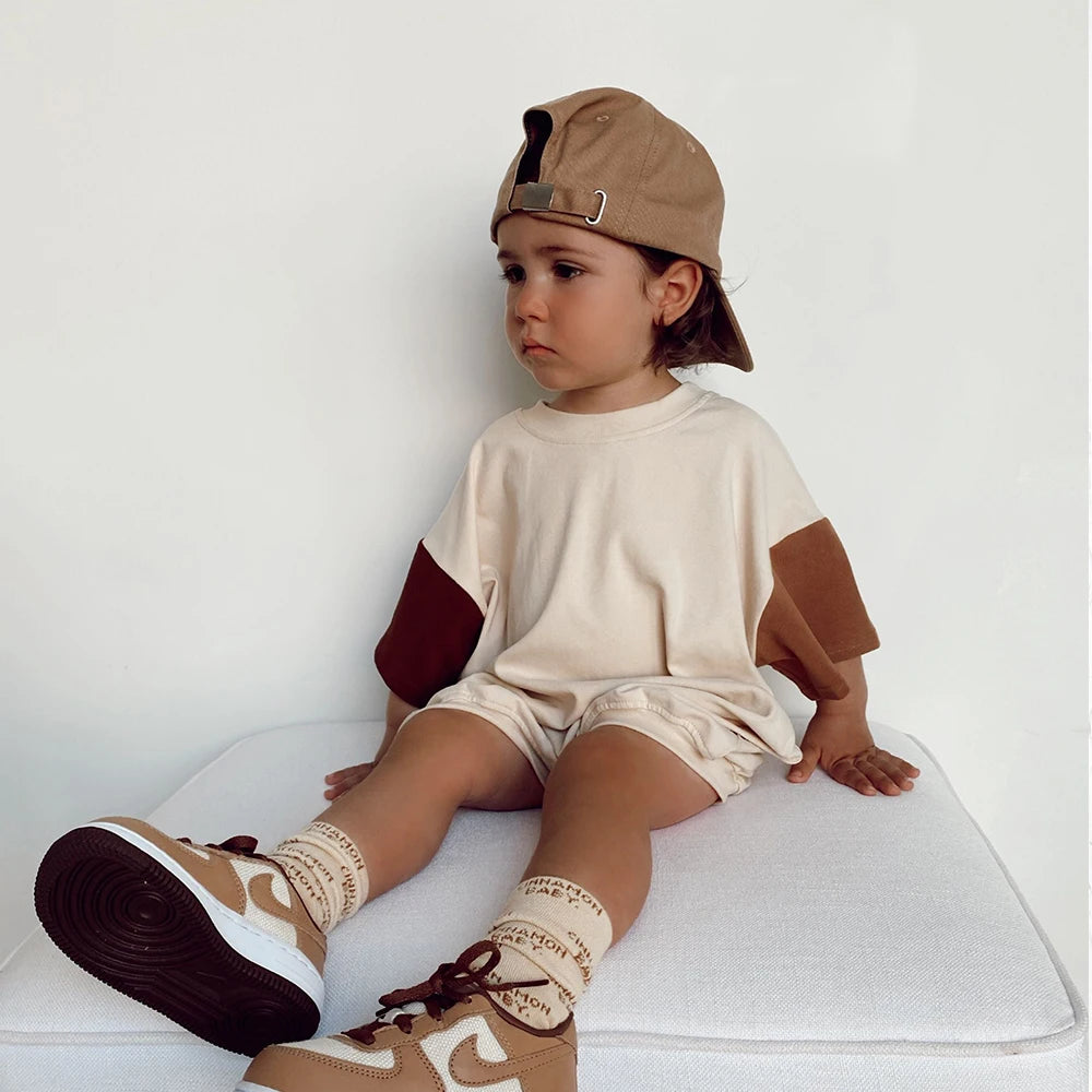 Summer Toddler Cotton Short Sleeve Top+Shorts Set Stitching Color Clothes