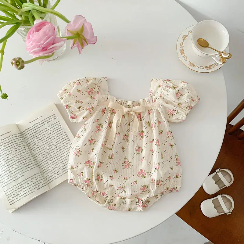 0-2 Years Old Newborn Baby Girl Summer Floral Puff Sleeve Romper with Bow-tie Princess Baby Rompers