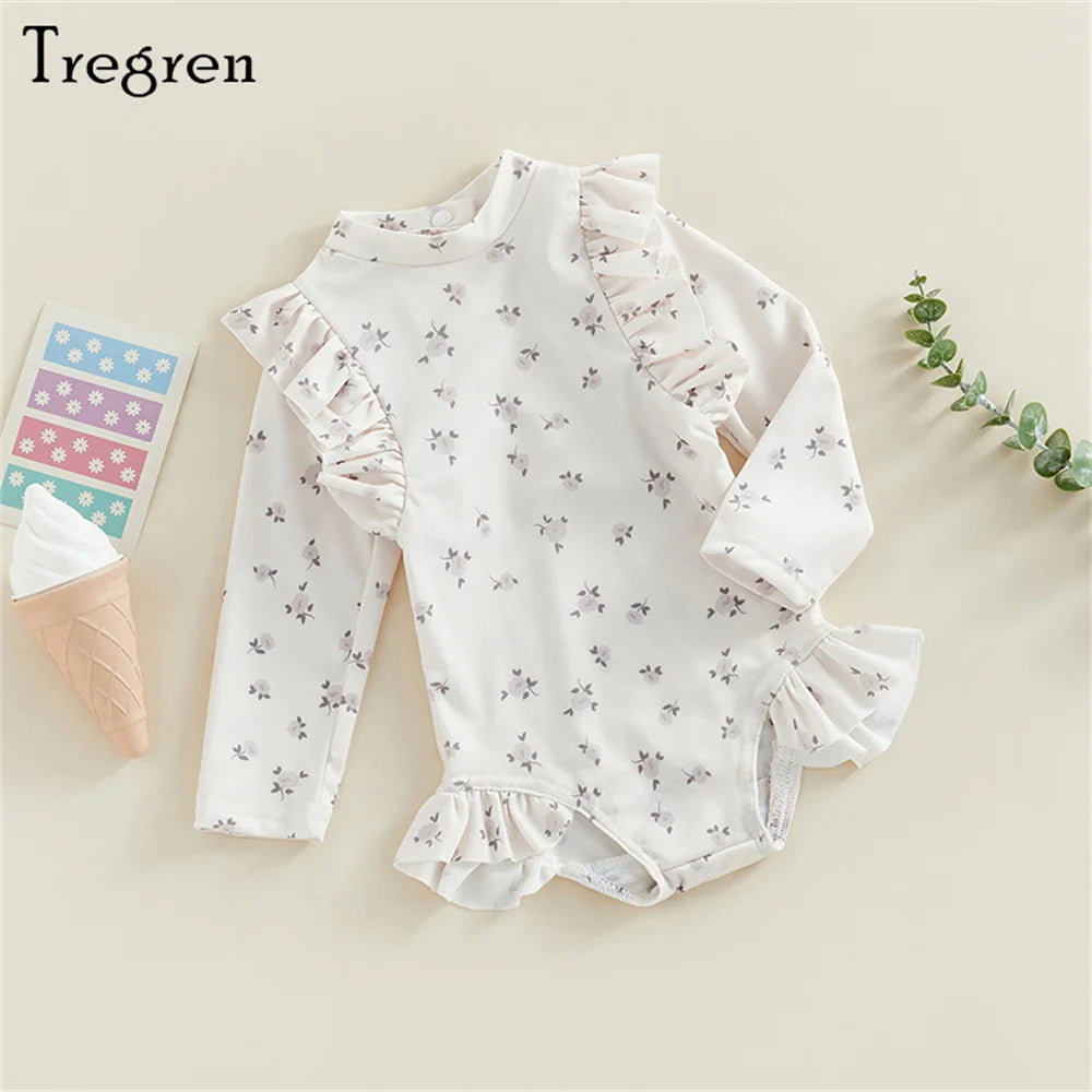 Tregren Kids Baby Girls Swimsuit Sweet Long Sleeve Crew Neck Floral Plaid Swimwear Summer Bathing Suit Swimming Pool Beachwear