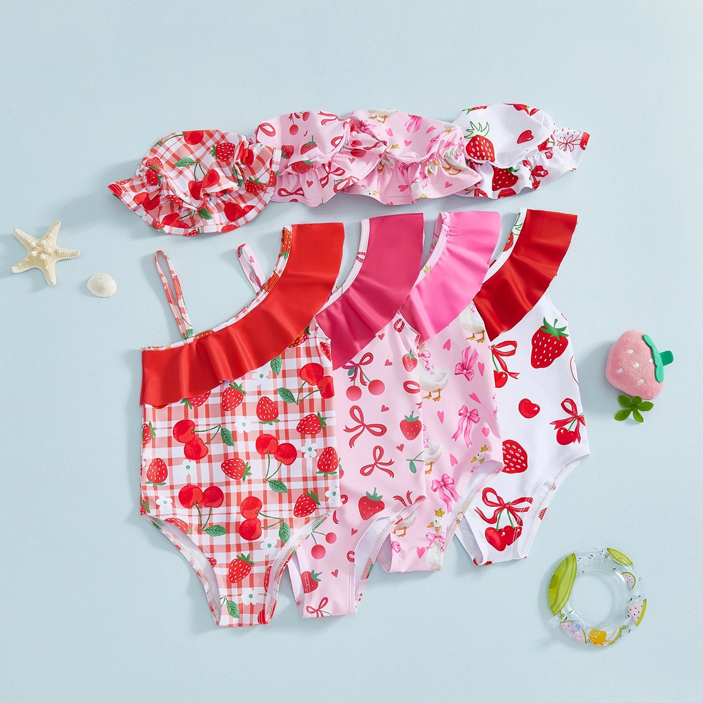 Toddler Baby Girls Swimsuit with Hat 2 Pcs Set Cherry Bow Strawberry Print Ruffled Trim Spaghetti Strap Sleeveless Swimwear