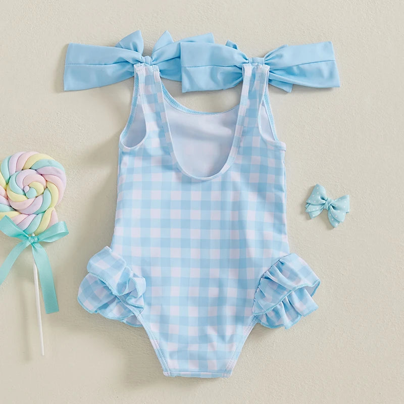 Toddler Baby Girls Swimsuit Romper Plaid Ruffles Two Bowknot Decor Beachwear Sleeveless Summer Beach Bathing Suit