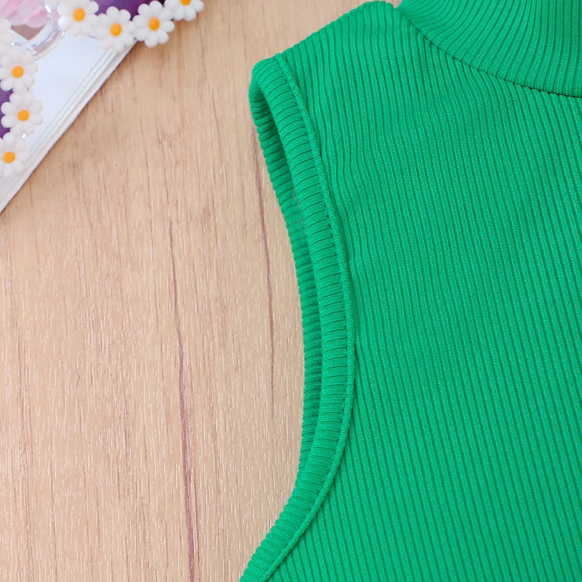 Girls Summer Fashion Set Green Sleeveless High Collar Top + Pink Print Shorts Tropical Style Children's Two-Piece Outfit