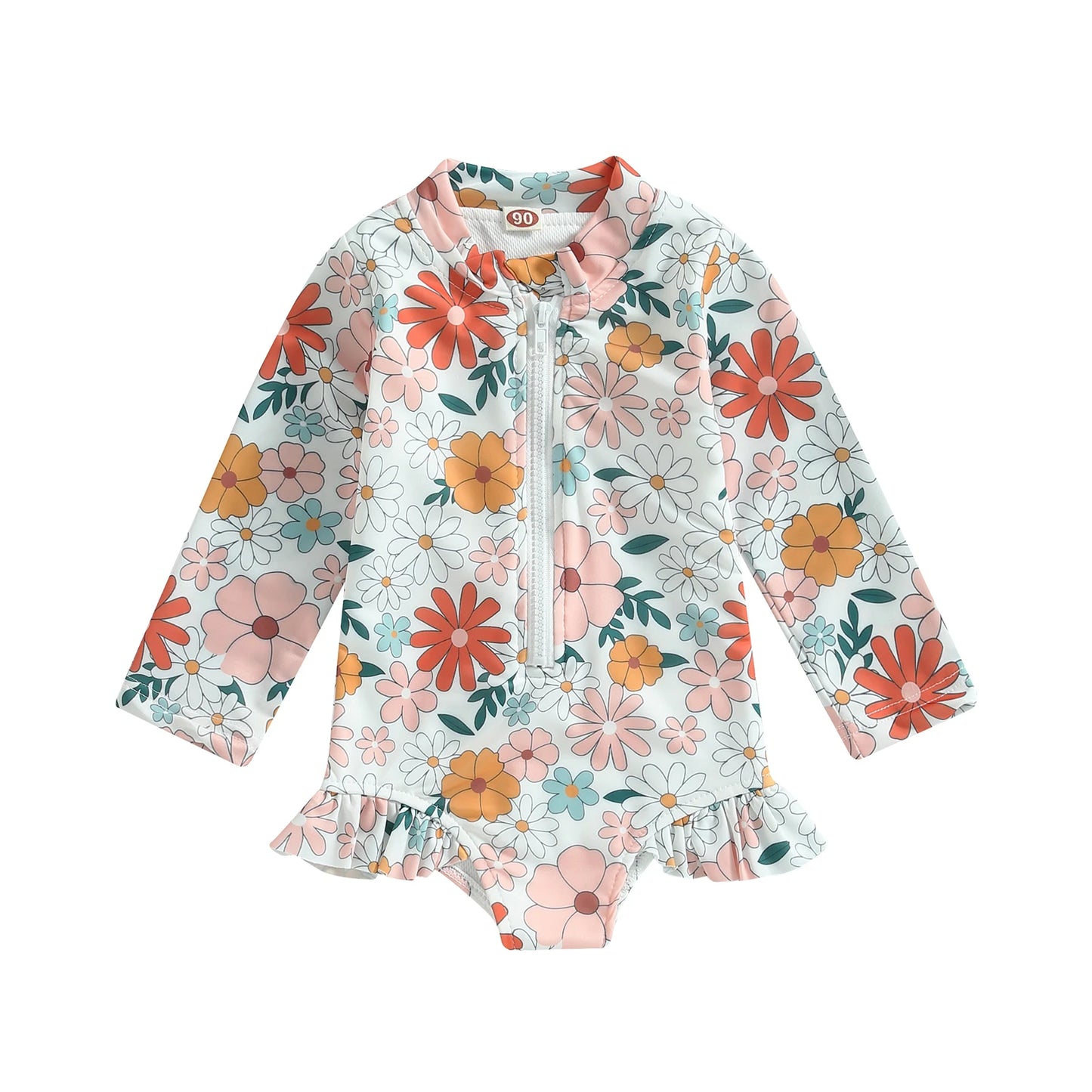 Tregren 1-5Y Toddler Kid Baby Girls Swimsuit Children Floral Print Zipper Swimwear Long Sleeve Beachwear Summer Bathing Suit