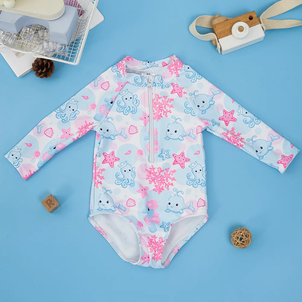 1Pc Baby Girls Swimsuit Long Sleeve Swimming Wear Sweet Comfortable Beachwear For Children Summer Bathing Suits 0-3Years
