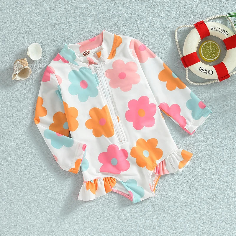 Tregren 1-5Y Toddler Kid Baby Girls Swimsuit Children Floral Print Zipper Swimwear Long Sleeve Beachwear Summer Bathing Suit