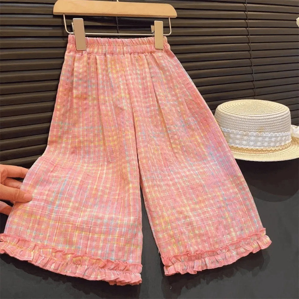 Bear Leader Children's Clothing Girls' Pink Clothing Summer Lace Contrasting Plaid Tank Top+Wide Leg Pants Two-piece Sets