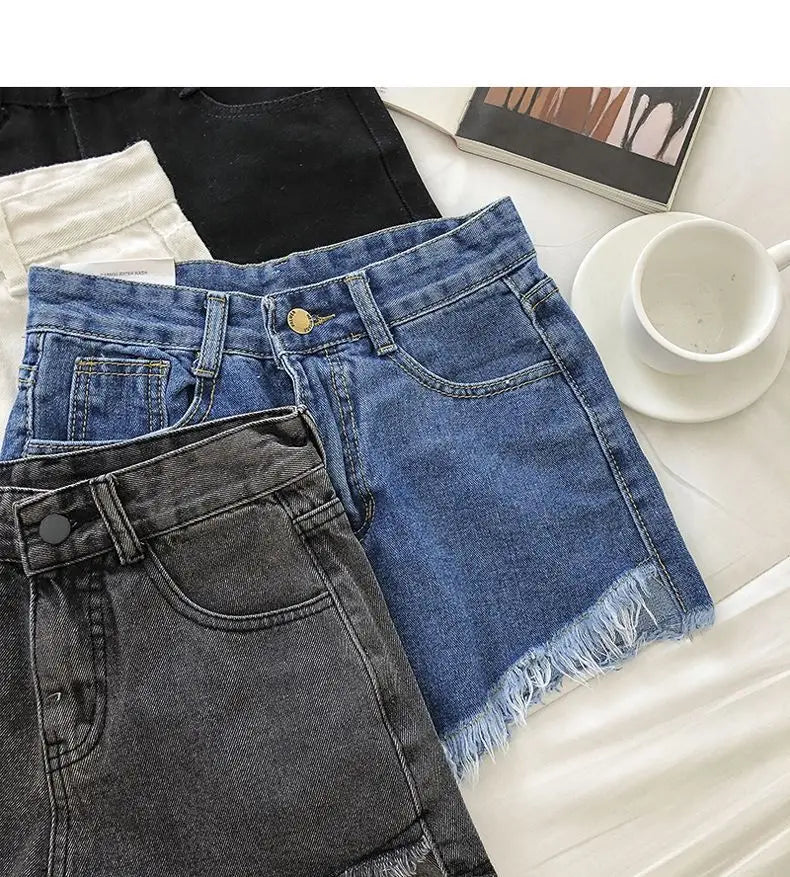 New Summer Women High Waist Raw Hem Denim Shorts