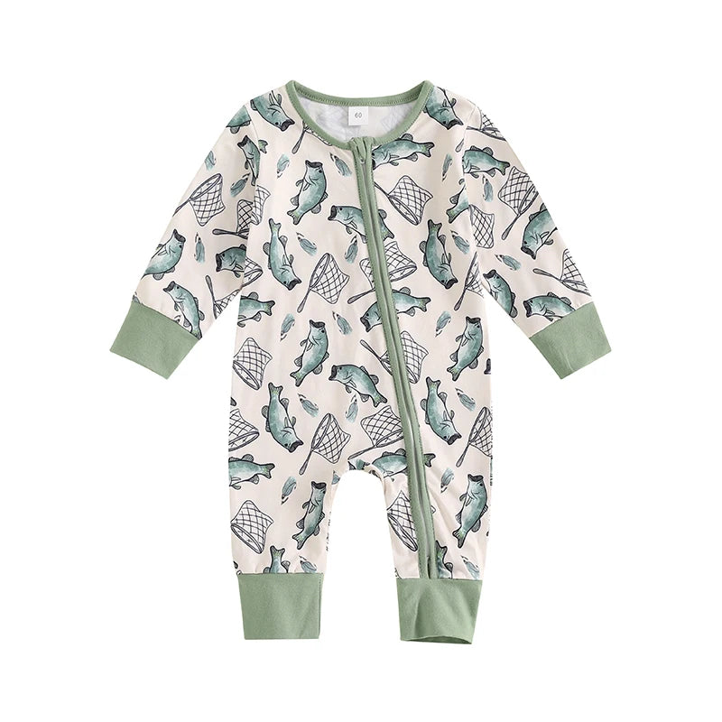 Casual Romper Long Sleeve Crew Neck Fish Print Oblique Zipper Jumpsuit