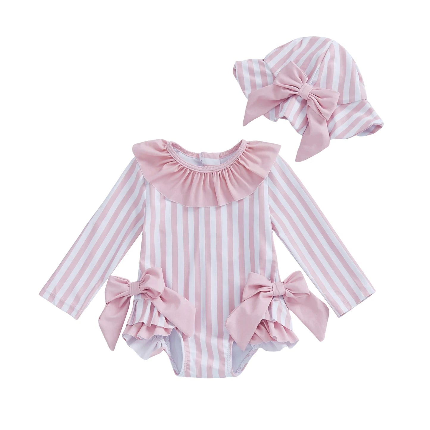 Baby Girls Swimsuit Striped Bow Bikini with Hat Newborn Swimwear for Summer Bathing